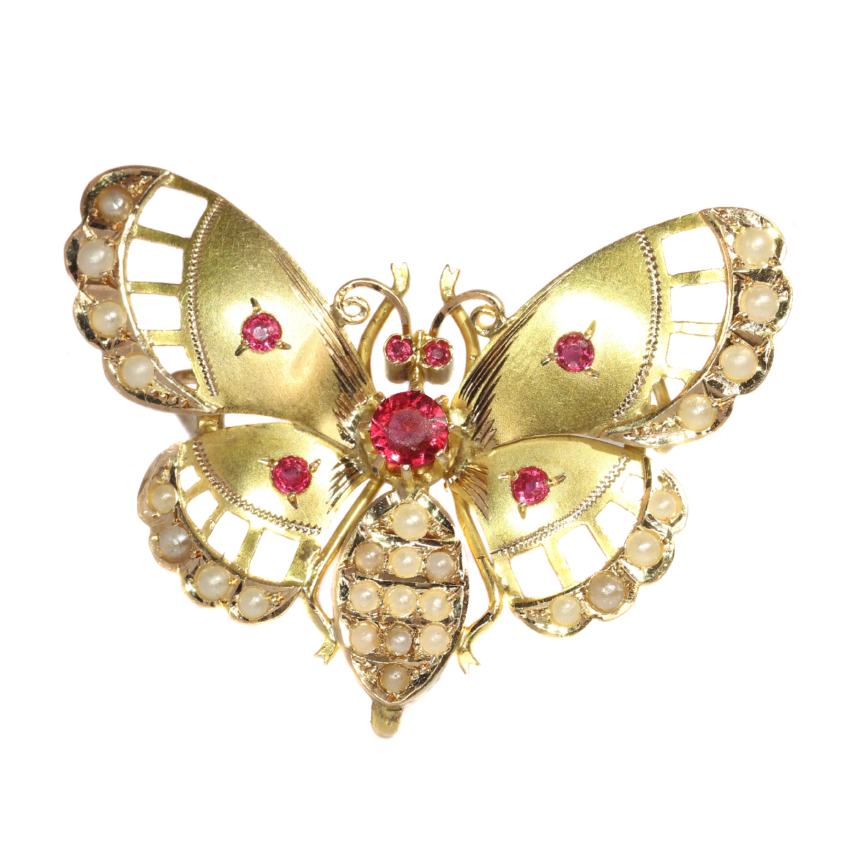 Late Victorian gold butterfly with red strass stones and half seed pearls